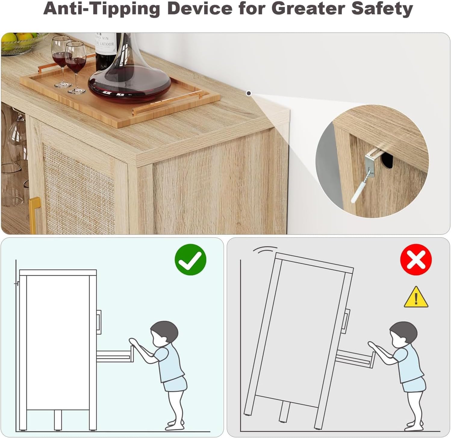 Rattan Wine Bar Cabinet, Boho Rattan Home Bar with Glass Holder and Drawer Style Racks, Oak Sideboard Buffet Storage Cabinet for Living Dining Room Kitchen