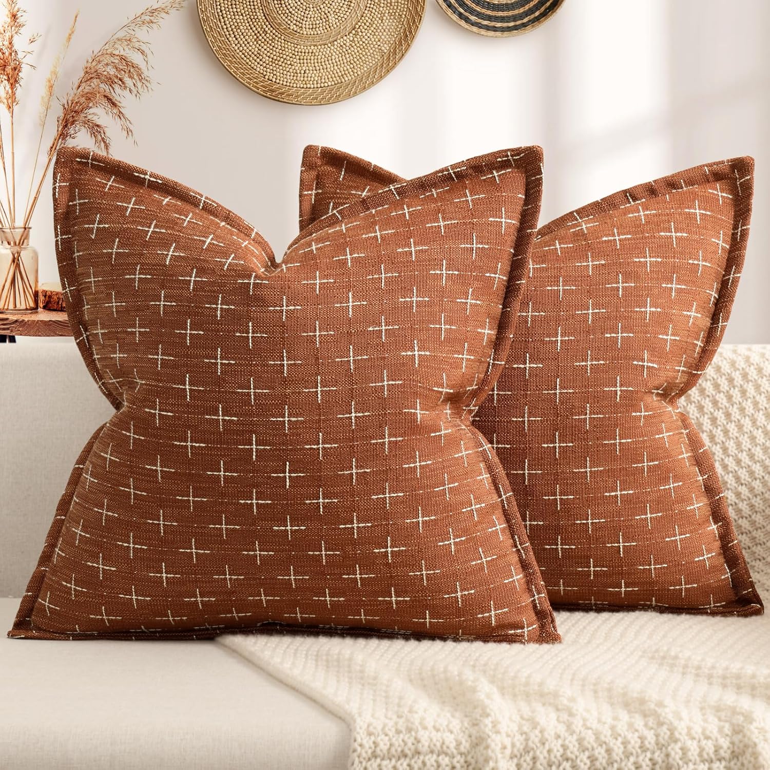 ZWJD Pillow Covers 18x18 Set of 2 Soft Polyester Textured Pillow Covers with Stylish Flange Edge Cozy Farmhouse Throw Pillows for Couch Bed Sofa Living Room