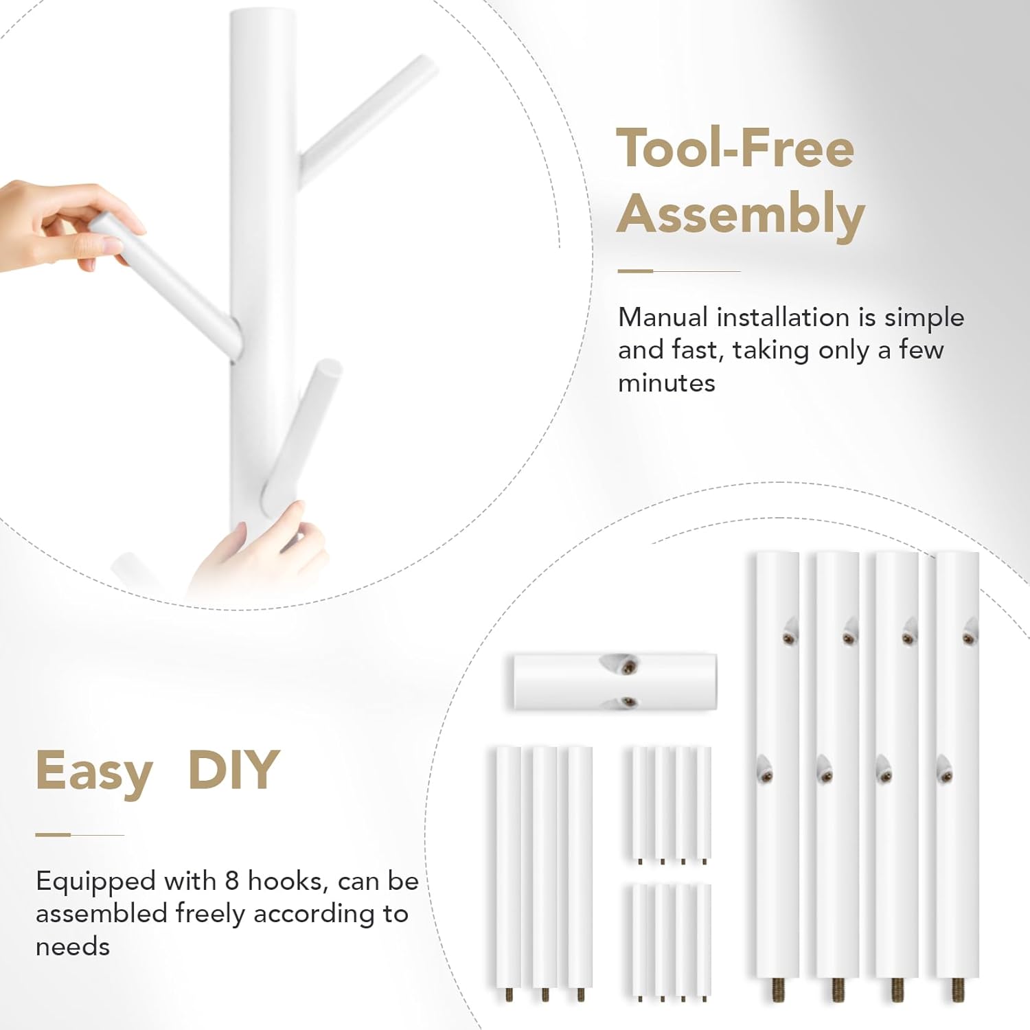 Coat Rack Freestanding with 8 Hooks,Easy Assembly New Zealand Pine Tree Coat Racks, 3 Adjustable Sizes for Clothes, Hats, Bags, for Entryway, Hallway, Bedroom, Office (White, 1 PC)