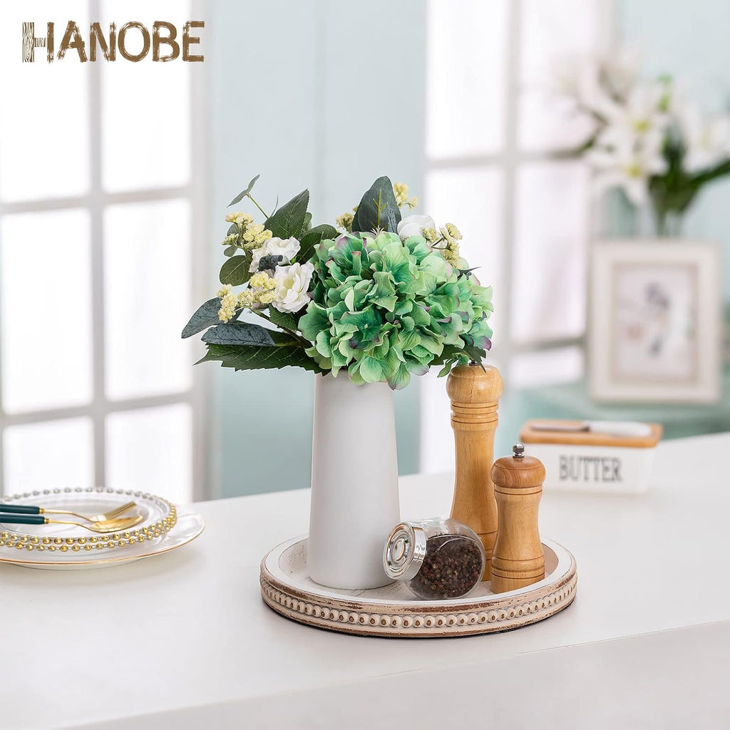 Round Wooden Decorative Tray: White Washed Bead Tray Decor for Coffee Table Centerpiece Rustic Farmhouse Tray for Kitchen Counter Living Room Decoration