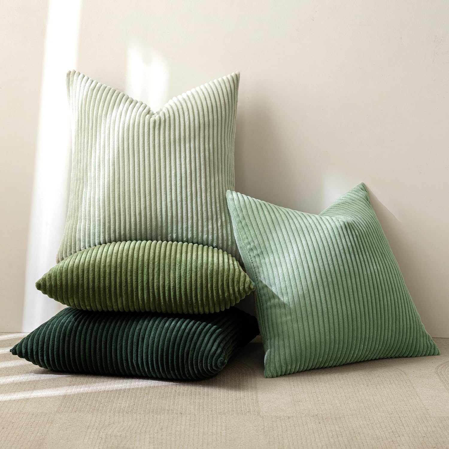 Boho Farmhouse Sage Green Throw Pillow Covers 18x18 Inch Set of 4 Mordern Nordic Cushion Covers Soft Corduroy Spring Home Decor for Couch Bed Sofa Living Room Forest Green