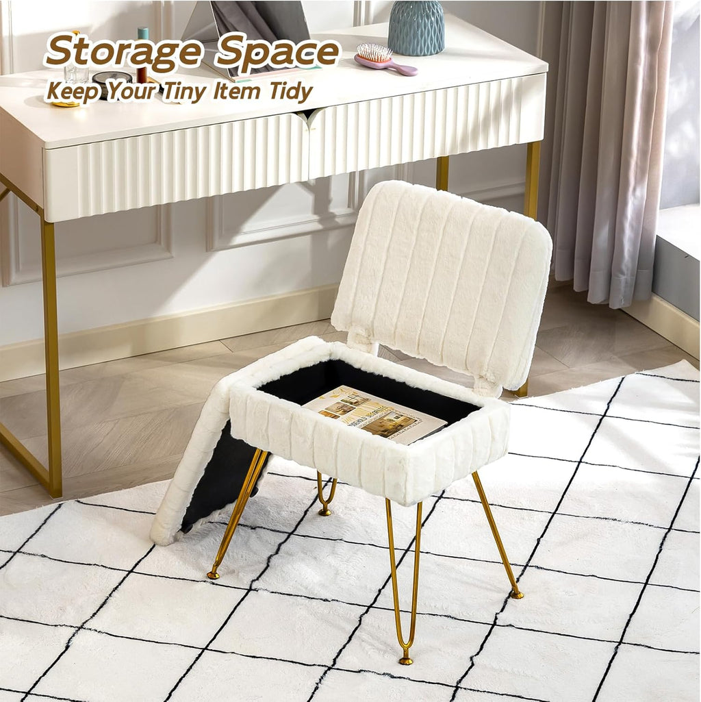 Vanity Chair with Storage, Comfy Ottoman with Folding Back, Faux Fur Vanity Stool with 4 Metal Legs for Make Up, Furry Padded Seat with Anti-Slip Feet for Bedroom Dressing Room