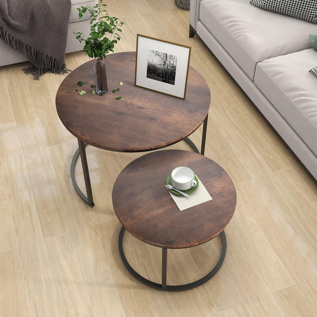 HOJINLINERO Round Coffee Table,Nesting Coffee Table Set of 2,Center Tables for Living Room,Office, Home Small Space,Stacking Side Tables,Sturdy and Easy Assembly,Wood Desktop,Brown,Large
