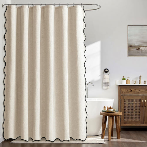 Beige Scalloped Shower Curtain Linen Textured with 12 Metal Hooks Cute Heavy Duty Washable Waterproof Neutral Thick Cloth Shower Curtains with Black Border for Bathroom Bathtub,W72*L72 Cream