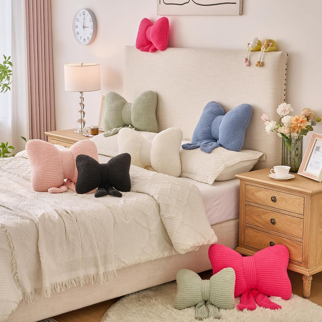 Bow Pillow, Decorative Throw Pillows with Soft Plush, Bow Throw Pillow for Couch Bed, Home Decor Bow Shaped Pillow for Bedroom Living Room (Hot Pink, 16 Inches)