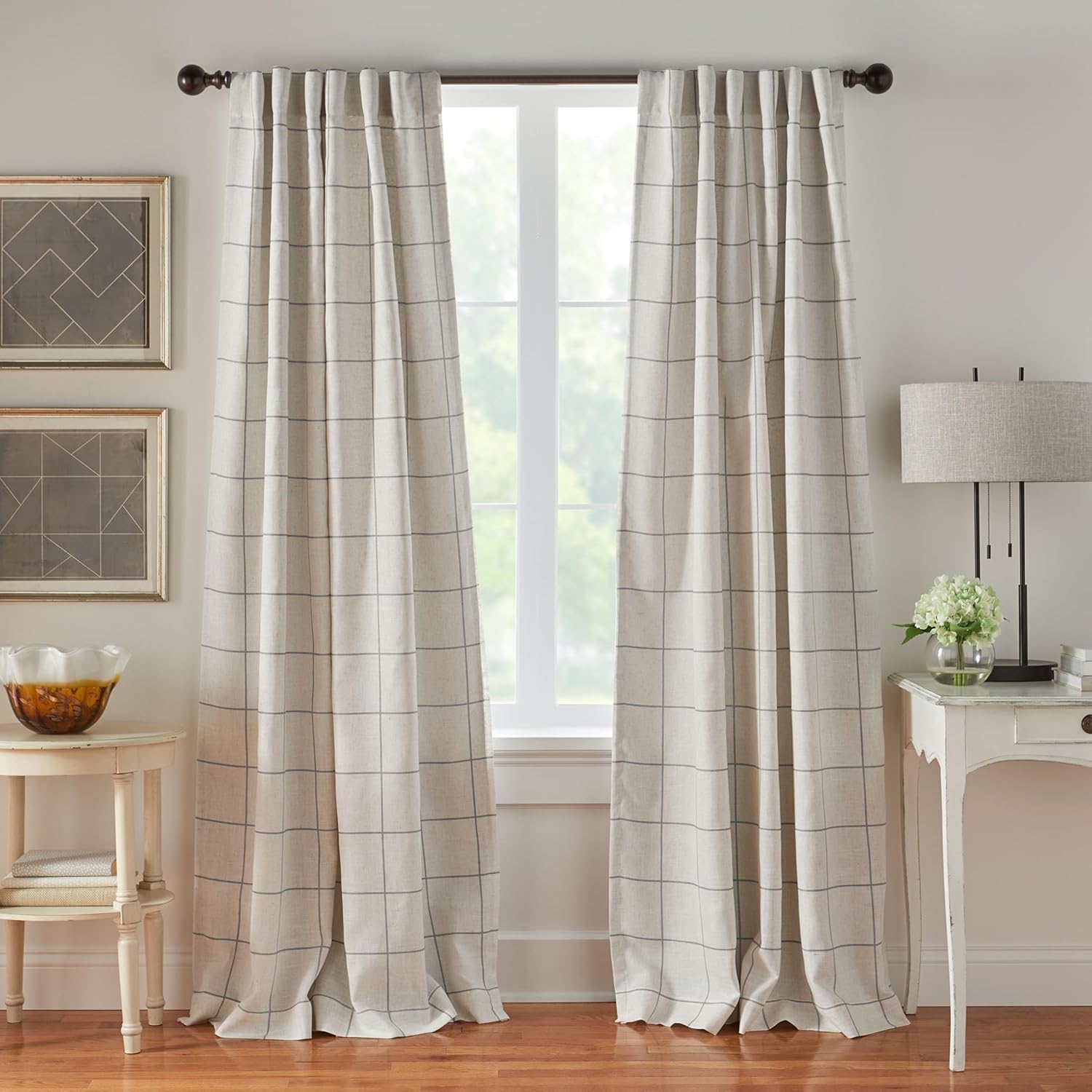 Fashions Brighton Windowpane Plaid Blackout Window Curtain, Living Room and Bedroom Drape with Rod Pocket Tabs, 52" x 84", Linen, 1 Panel