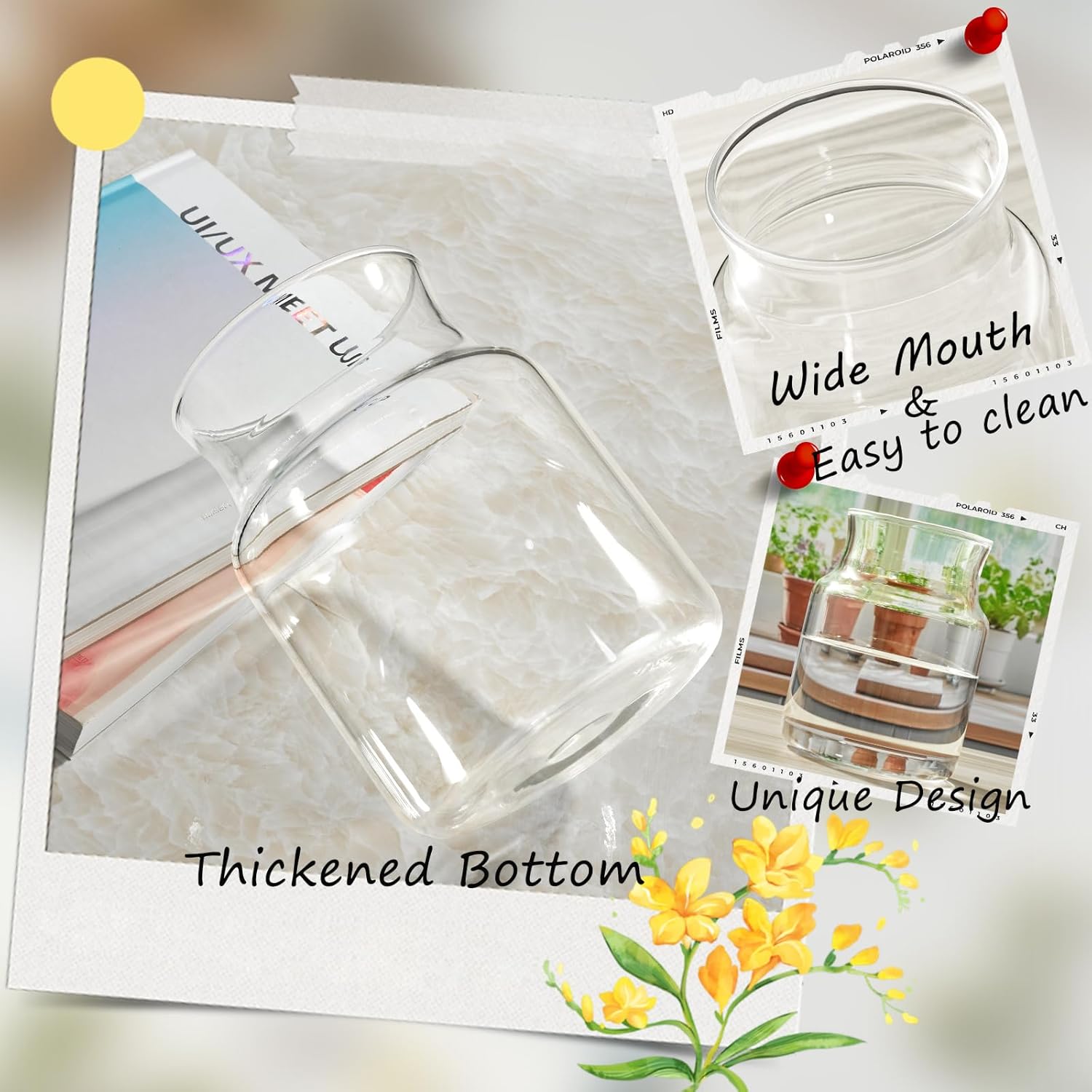 Clear Glass Vase, Large Flower Vase, 8-inch Glass Flower Vase for Plants, Wide Mouth Vase for Home, Wedding, Living Room, Dining Table