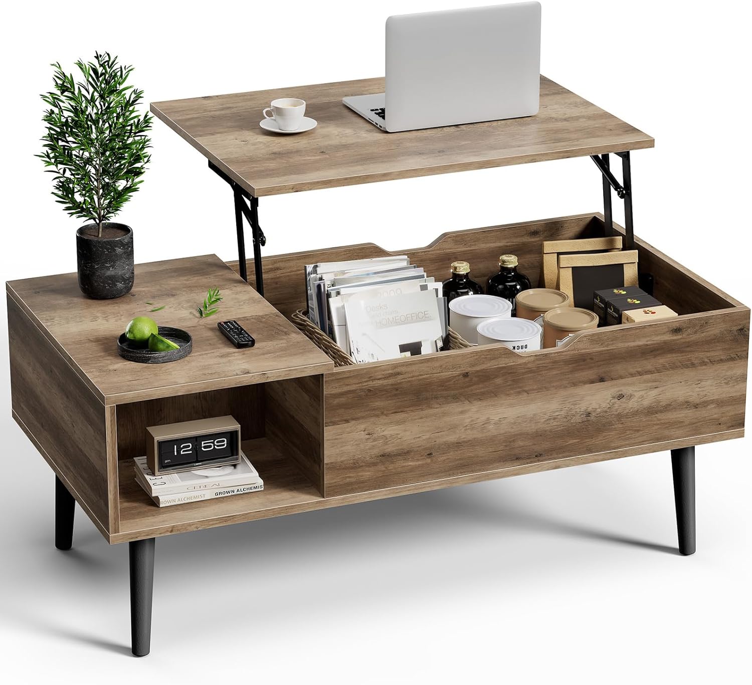 OLIXIS Wood Lift Top Coffee Table with Hidden Compartment and Large Storage Shelf, Lift Tabletop Dining Center Table for Home Living Room Office, Black