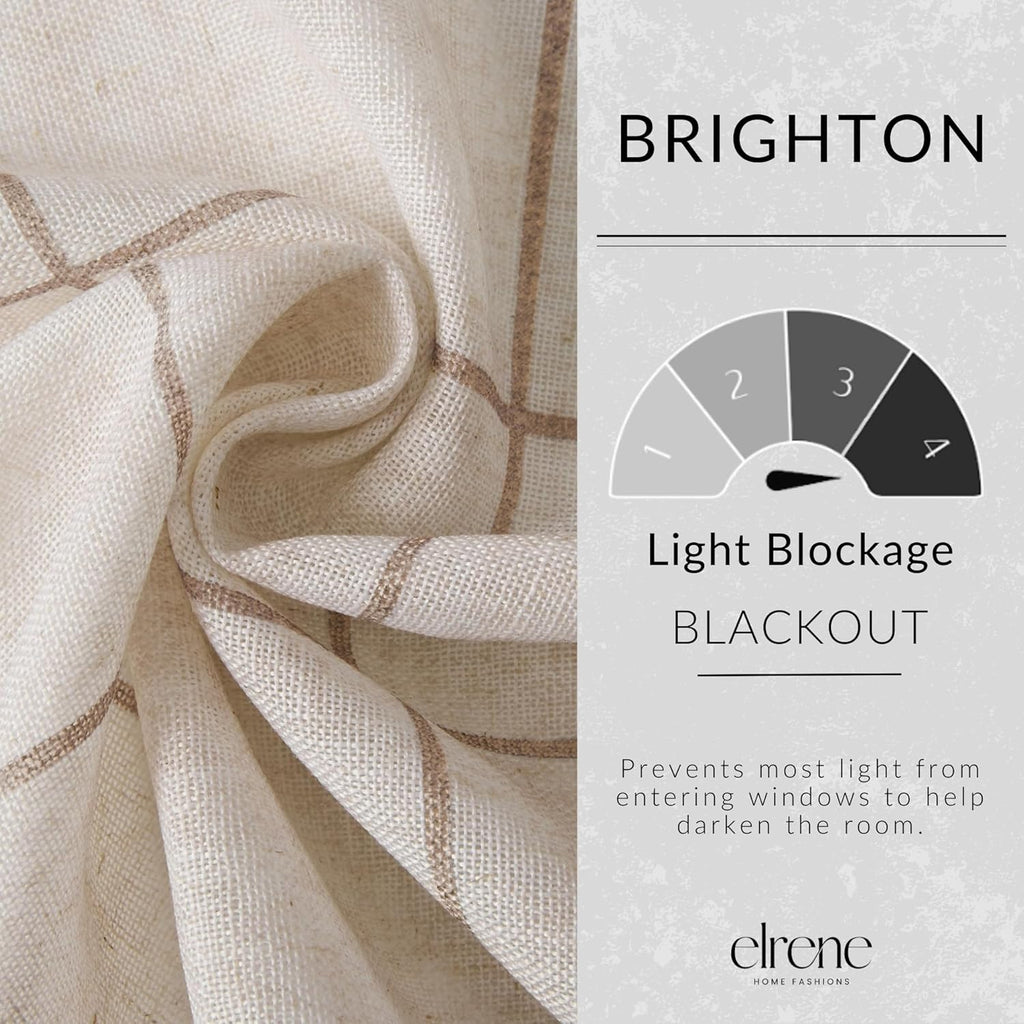 Fashions Brighton Windowpane Plaid Blackout Window Curtain, Living Room and Bedroom Drape with Rod Pocket Tabs, 52" x 84", Linen, 1 Panel