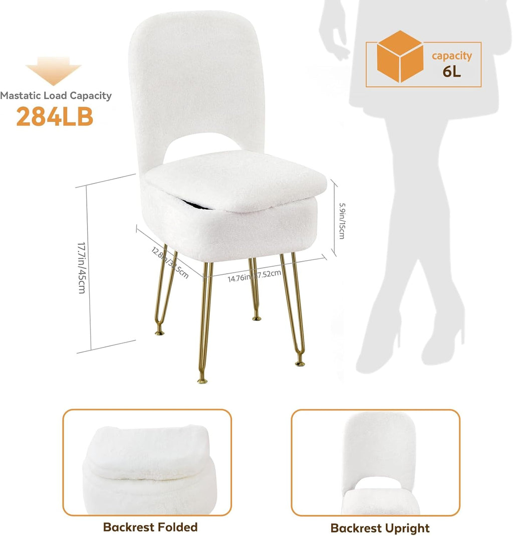 Vanity Chair with Storage and Folding Back, Faux Fur Square Storage Chair, Vanity Stool Chair with 4 Metal Legs for Bedroom, Living Room and Makeup Stations, 13.4"x 15"x 30", White
