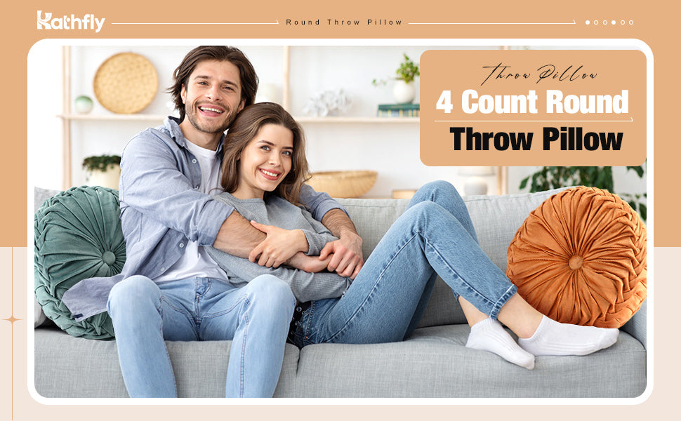 Kathfly Set of 4 Decorative Round Pleated Throw Pillows, Classy Velvet Pumpkin Round Throw Pillows, Decorative Floor Pillow for Bed Chair Home Sofa Decor, 14" Diameter(Colorful)