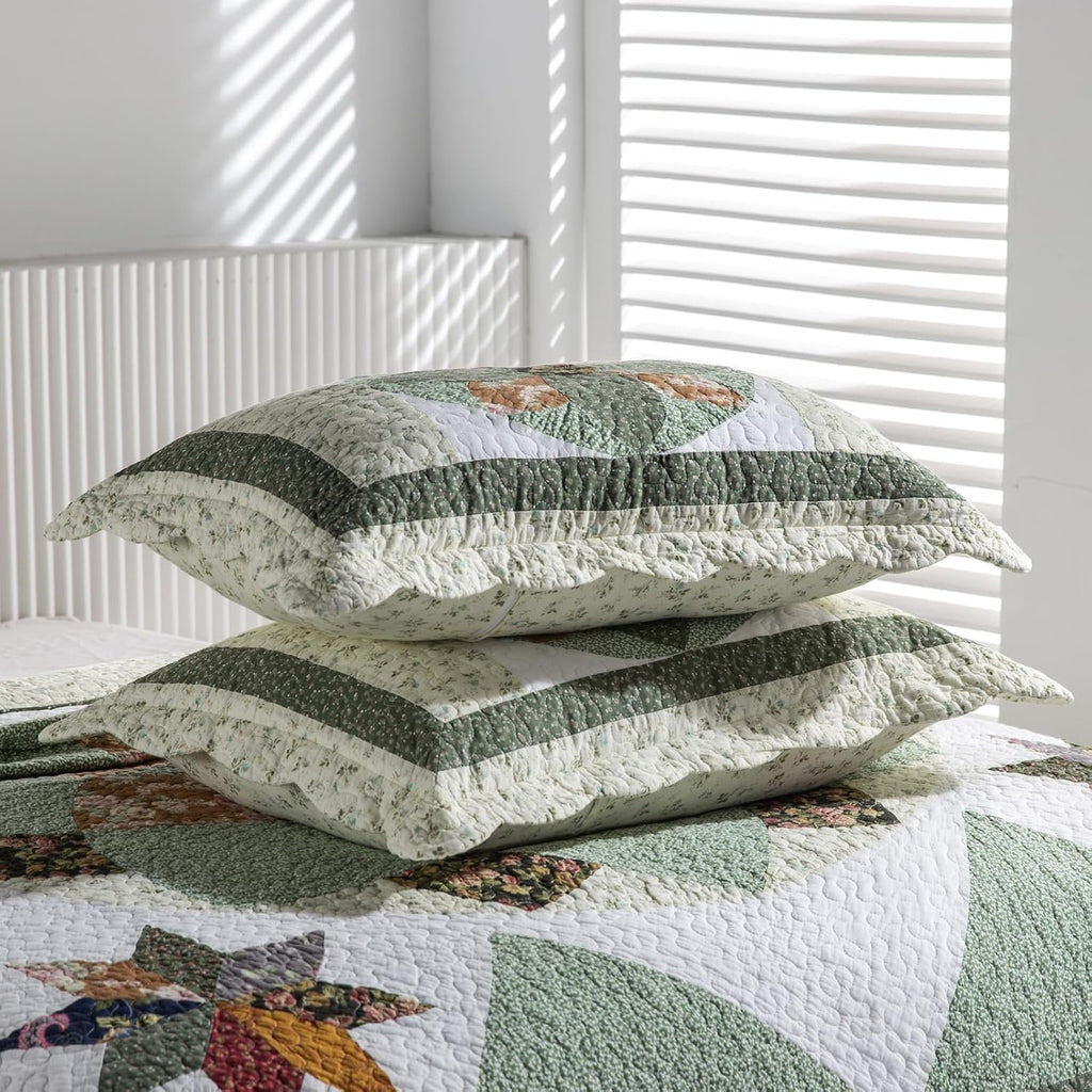 Quilts Queen Size Patchwork Bedspread Set - 100% Cotton Reversible Breathable Green Earth Geometric Quilted Quilt with Pillow Shams for All Seasons