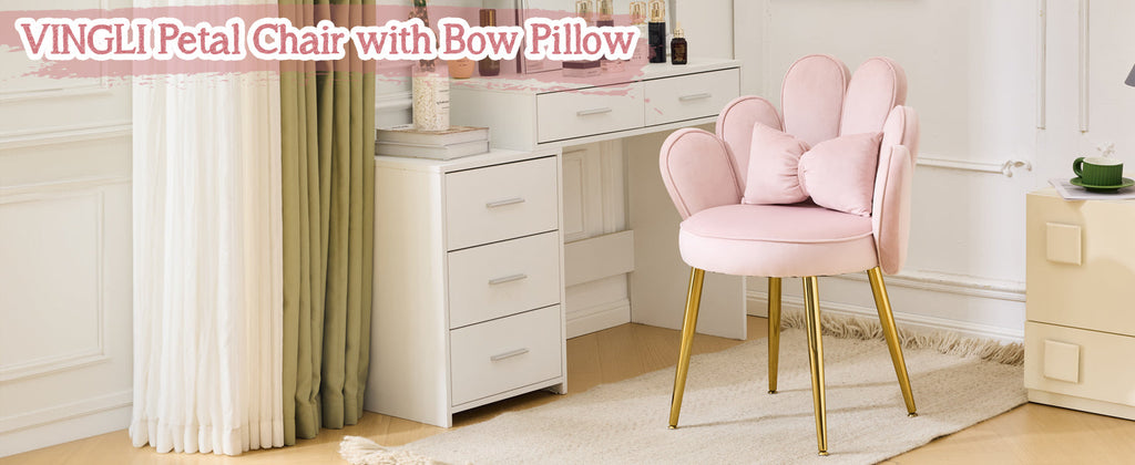 Makeup Vanity Chair with Back,Flower Cute Girls Desk Chair Comfy No Wheels,Modern Dining Chair,Small Accent Chair with Adustable Gold Legs&Bow Pillow for Home Office,Bedroom,Velvet,Pink