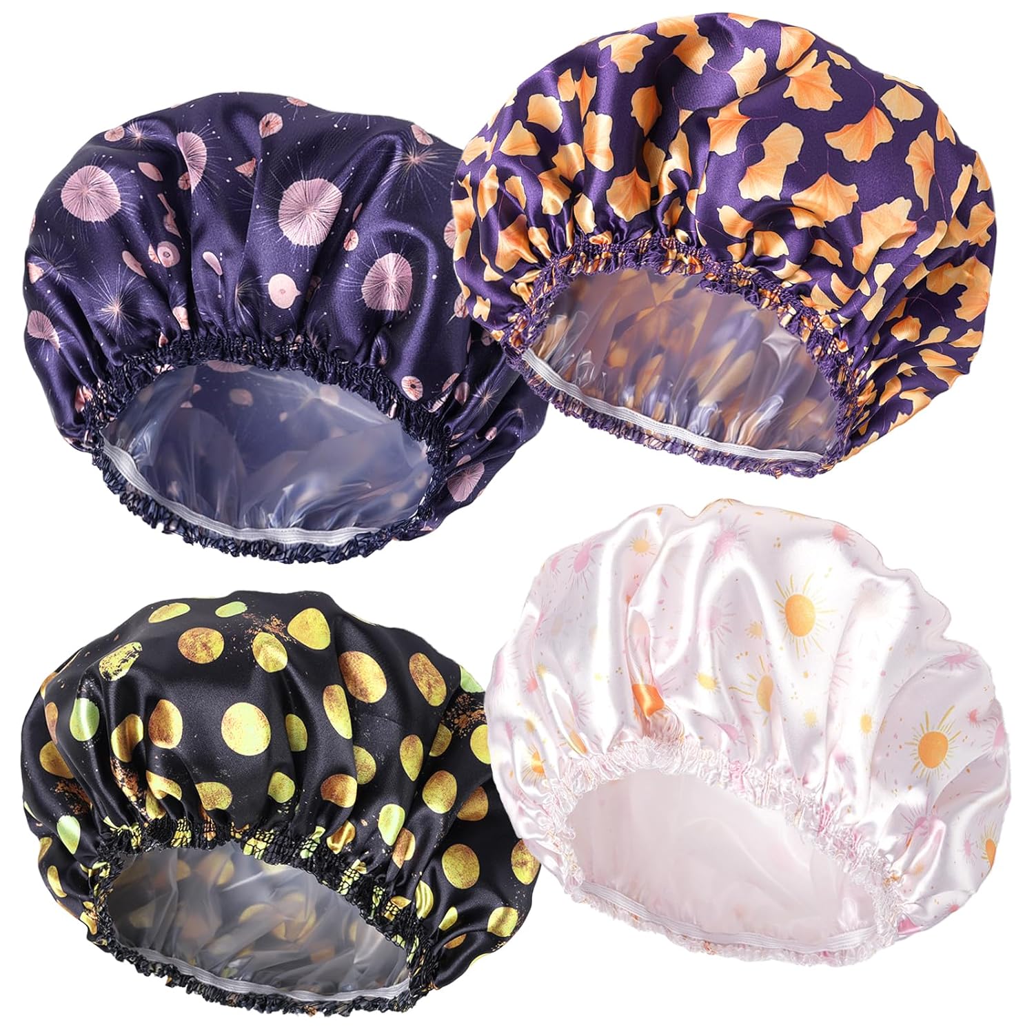 4 PCS Shower Caps for Women, Elastic and Reusable Bath Caps, Double Waterproof Layers Shower Cap, Bathing Shower Caps, Environmental Protection Hair Bath Hat - Printed Color