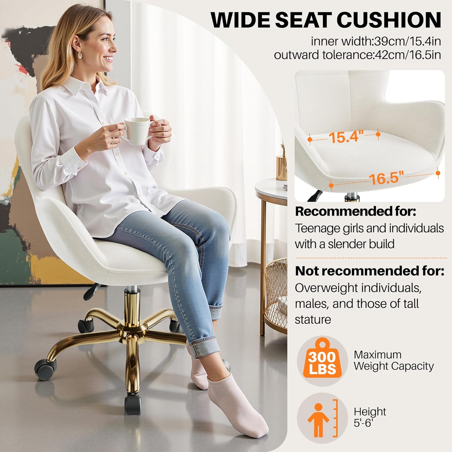 Vanity Chair with Wheels, Cute Home Office Desk Chairs Adjustable Height for Living Bedroom, Small Modern Fluffy Velvet Makeup Chair with Back for Girls (White)