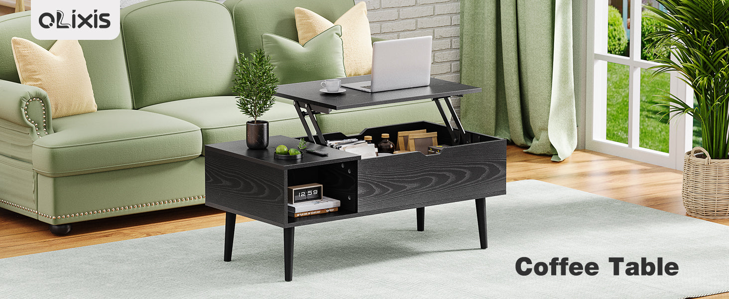 OLIXIS Wood Lift Top Coffee Table with Hidden Compartment and Large Storage Shelf, Lift Tabletop Dining Center Table for Home Living Room Office, Black