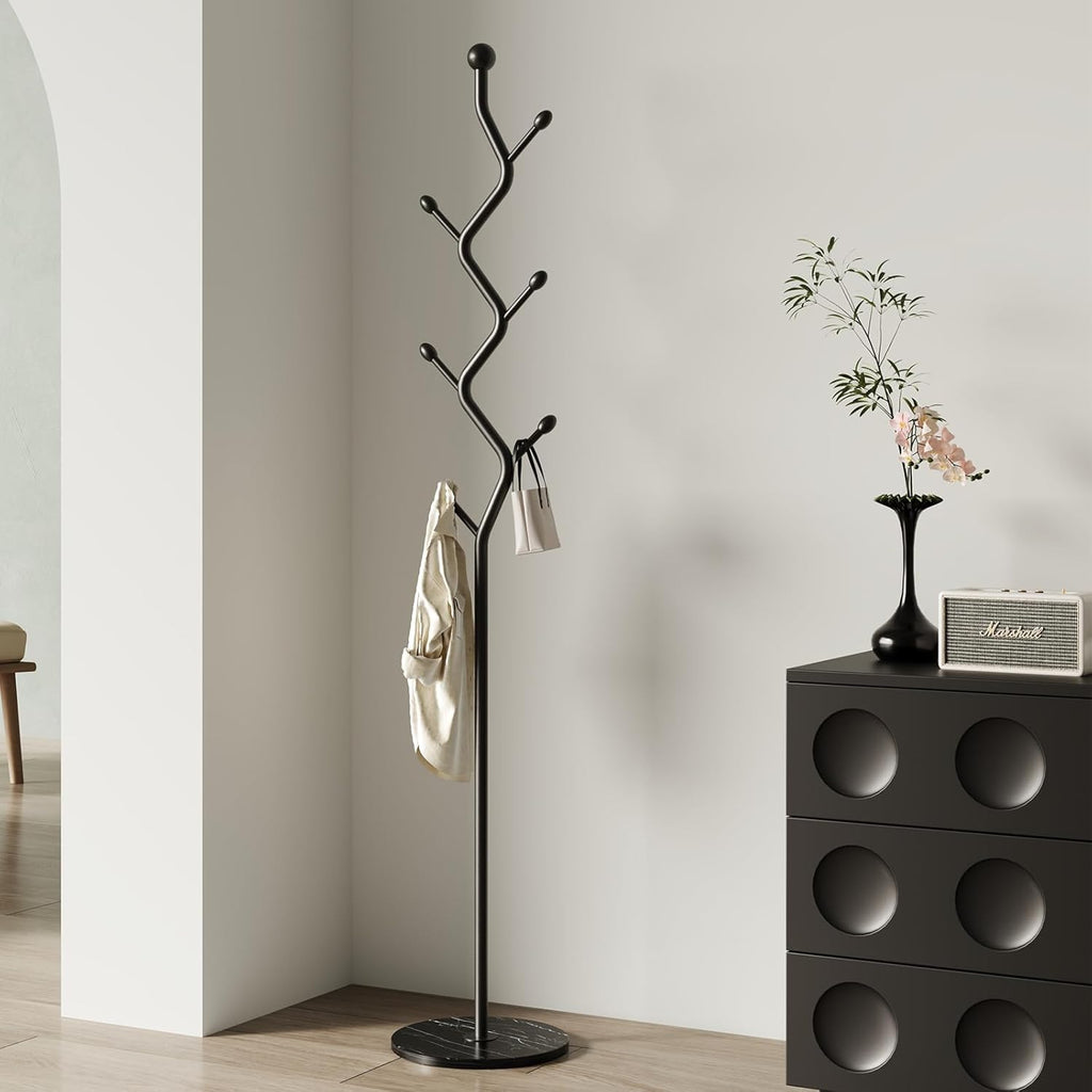 Tree Branch-Look Coat Rack Freestanding with 6 Hooks & Sturdy Marble base Metal Clothes Hanger Stand for Entryway/Mudroom/Bedroom/Hallway/Home Office (Matte black)