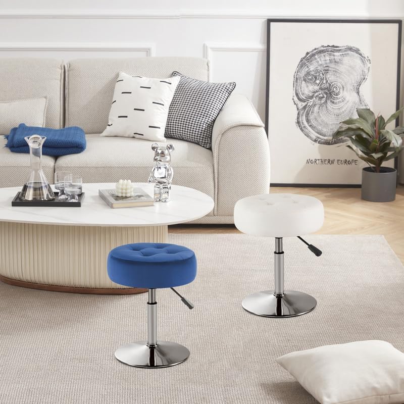White Vanity Chair for Makeup Room Round Ottoman Tufted PU Leather Makeup Chair Vanity Stools for Bathroom Height Adjustable 360 Swivel